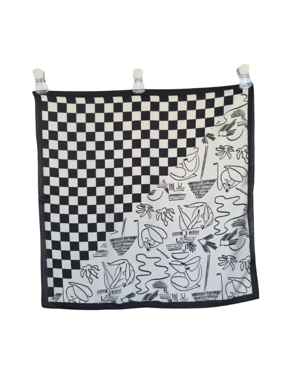 ⭐Luxury Silky Square Scarf Bandana Abstract Checkered BLACK WHITE Modern Art New